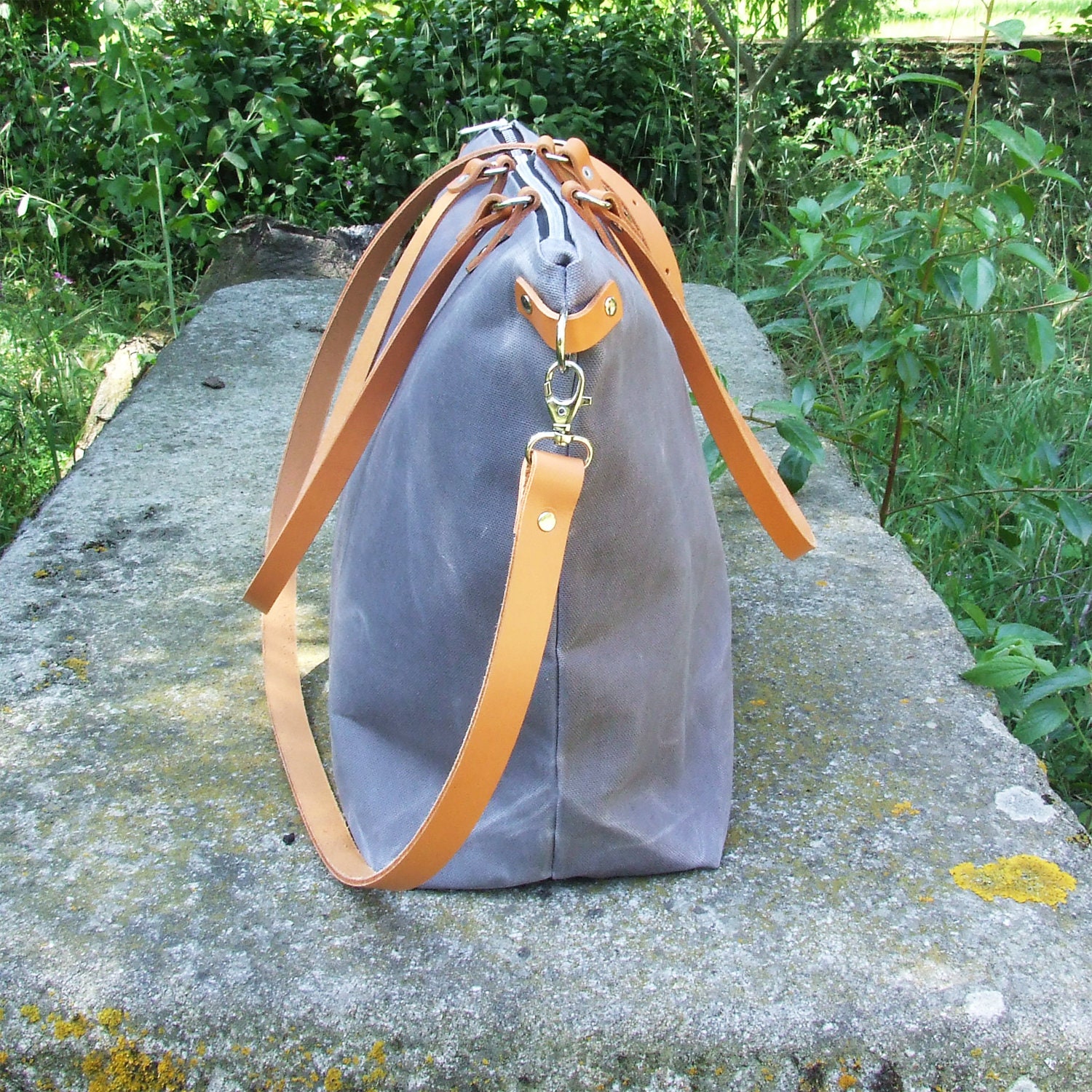Waxed Canvas Tote With Leather Straps and Zipper Diaper Bag Etsy