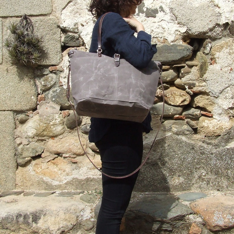 Waxed canvas tote with zipper and leather straps, Personalized Diaper Bag, Weekender Bag image 5