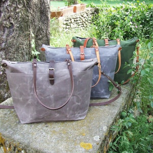 Waxed canvas tote with zipper and leather straps, Personalized Diaper Bag, Weekender Bag image 1