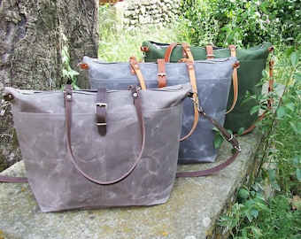 Waxed canvas tote with zipper and leather straps, Personalized Diaper Bag, Weekender Bag