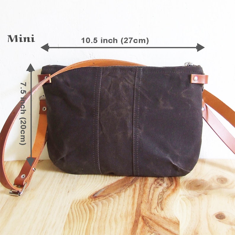 Mini small brown waxed canvas crossbody bag, crossbody purse with zipper and leather straps image 8