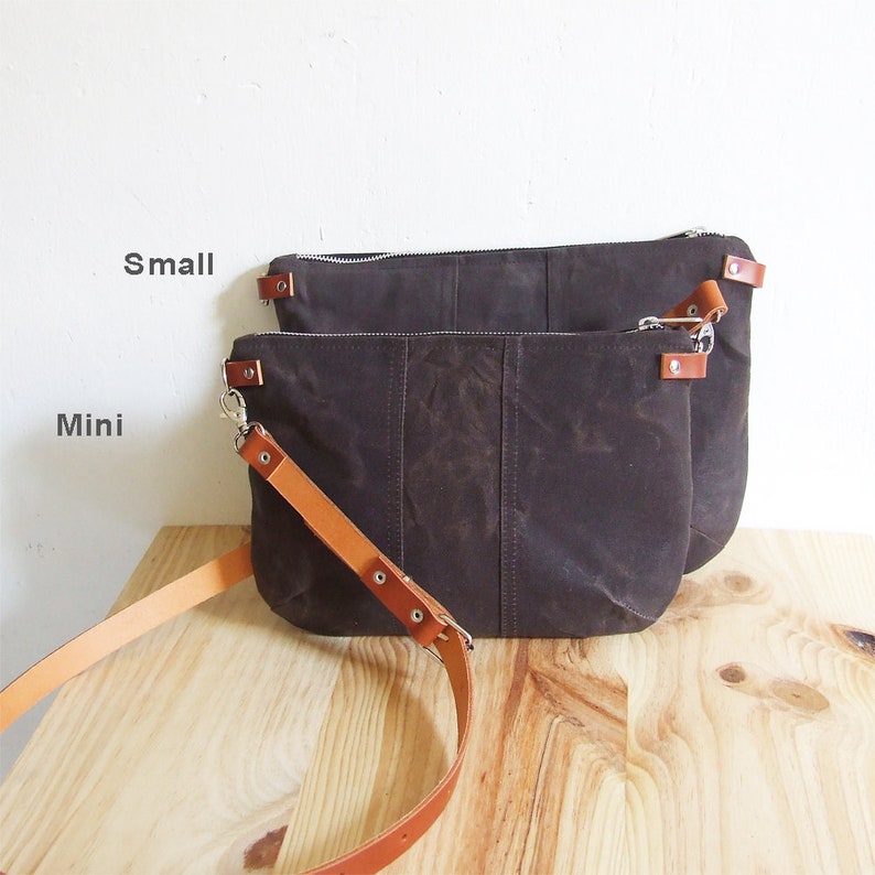 Mini small brown waxed canvas crossbody bag, crossbody purse with zipper and leather straps image 7