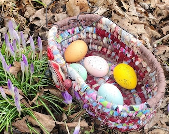 COTTAGE GARDEN hand coiled fabric art  basket with RABBIT  handle