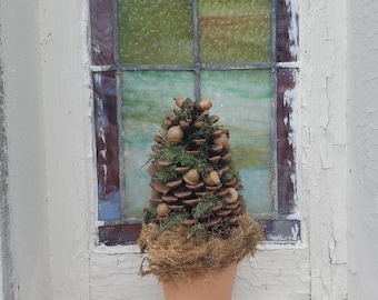 May include: A small pine cone Christmas tree decorated with acorns and moss in a terracotta pot. The tree is sitting on a windowsill with a stained glass window behind it.