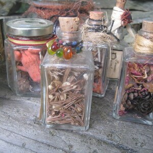 May include: Six small glass jars with cork tops filled with various dried botanicals and other items. The jars are arranged in a row on a wooden surface. The jars are decorated with twine and other embellishments.