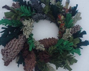 WOOLY evergreen WREATH  with fabric pine cones