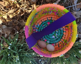 EGG HUNT    textile art BASKET Easter Bucket in bright multicolors