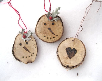 BIRCH BARK circle HEART or Snowman hanging FoReST ornament  Pyrography