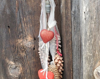 Valentine Pine CONE RIBBONS   with hearts