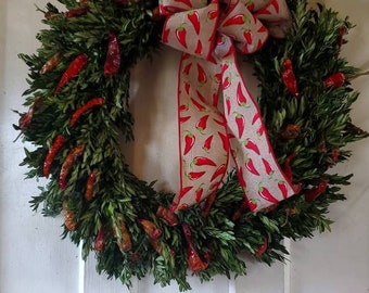 DRIED PEPPER and dried BOXWOOD decorated Wreath 19 inch