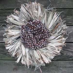 May include: A rustic wreath made from dried corn husks and a central cluster of brown and white pinecones. The wreath is circular and has a natural, earthy appearance, perfect for fall decor.