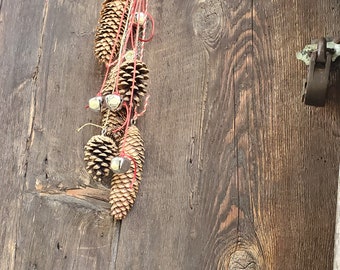 PINE CONE RIBBONS   with bakers twine and bells