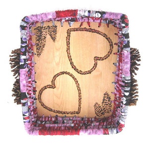 HEART TO HEART  large textile art BasKET storage box  Pyrography