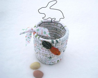 BUNNY TRAIL  hand coiled fabric art  BASKET with RABBiT  handle