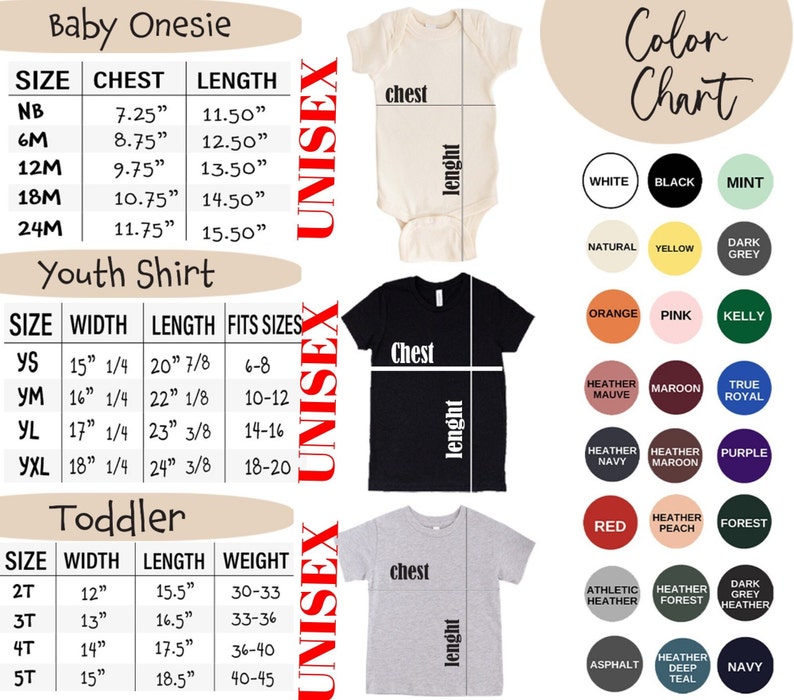 May include: Size chart for baby onesies, youth shirts, and toddler shirts. The chart includes measurements for chest, length, width, and weight. The chart also includes a color chart with various colors for each garment type.