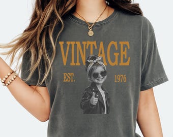 Custom Vintage Photo Birthday Comfort Colors Shirt, Retro Year Graphic Tee, Personalized Birthday Gift, 30th 40th 50th Celebration Shirt