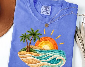 Comfort Colors® Sunset Beach Shirt, Tropical Palm Tree Tee, Summer Vacation Shirt, Ocean Sunset Graphic Tee, Coastal Aesthetic Shirt