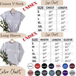 May include: Unisex V-neck and long sleeve t-shirt size chart with measurements in inches.  The chart includes sizes S, M, L, XL, 2XL, and 3XL.  The chart also includes a color chart with the following colors: white, red, black, navy, pink, true royal, maroon, heather mauve, forest, heather navy, heather deep teal, dark grey heather, purple, and athletic heather.