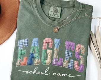 Personalized School Name Shirt, Comfort Colors® School Spirit Tee, Patchwork Eagles Shirt, Teacher Back To School Tee, Custom School Gift