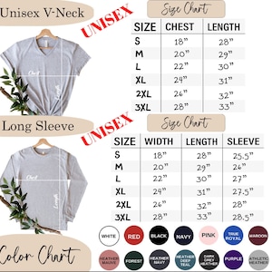 May include: Unisex V-neck and long sleeve t-shirt size chart with measurements in inches.  The chart includes chest, length, width, and sleeve measurements for sizes S, M, L, XL, 2XL, and 3XL.  A color chart shows 12 different color options for the shirts.