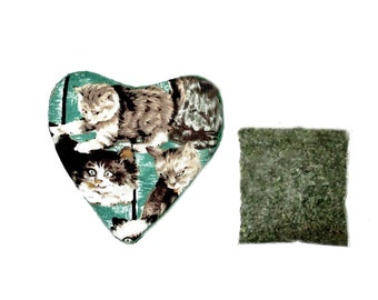 Refillable Catnip Heart Toy: Organic Catnip, Playful Kittens Print