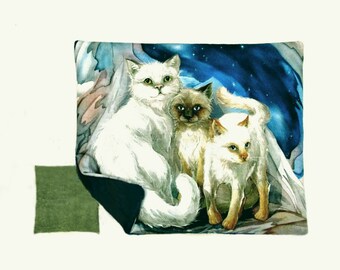 Catnip REFILLABLE MAT  10.5 x 9 Inches with Catnip Bag  Three Beautiful Cats  Blue Fleece Back