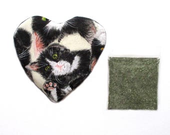 Refillable Catnip Heart Toy: Organic Catnip, Black and White Cats