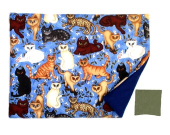 Refillable Catnip Mat: Cats on Blue, Reversible  Fleece