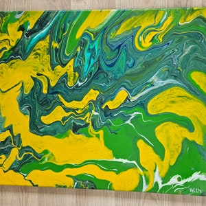 Sommerbrise Abstrakt Gelb-Grün Leinwand Acryl Fluid Art Bild 2