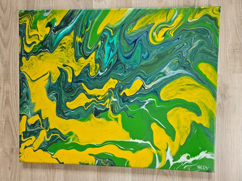 Sommerbrise Abstrakt Gelb-Grün Leinwand Acryl Fluid Art Bild 2