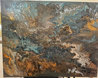 Mondlandschaft Leinwand - Bild - Acryl Metallic - Bronze-Blau - 90 x 70 cm - Unikat