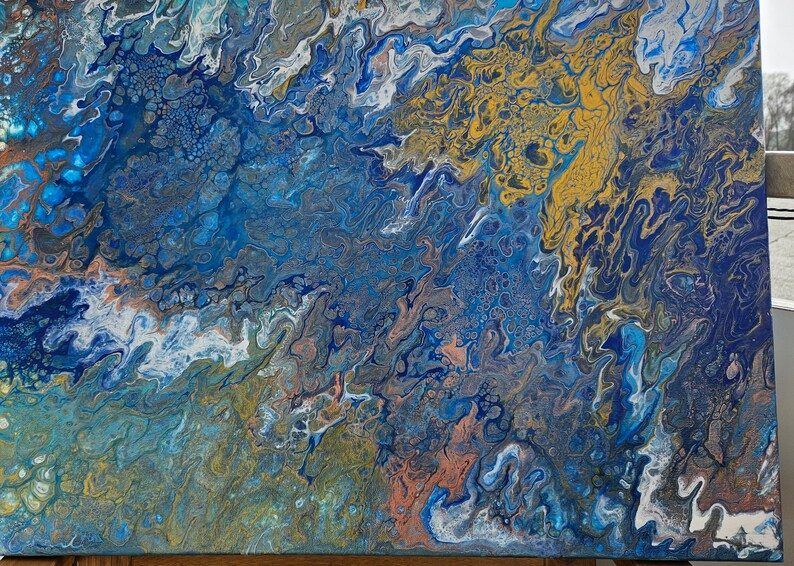 Atlantik Blau-Türkis-Gold 50 x 70 cm Leinwand Acrylic Pouring Bild 2