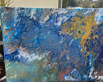 Atlantik - Blau-Türkis-Gold 50 x 70 cm Leinwand Acrylic Pouring