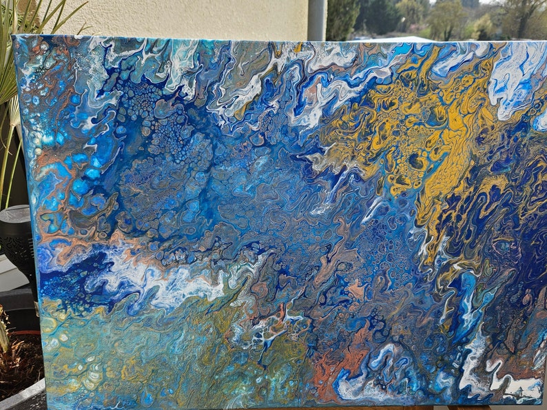 Atlantik Blau-Türkis-Gold 50 x 70 cm Leinwand Acrylic Pouring Bild 1