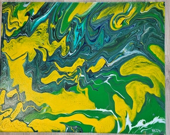 Sommerbrise Abstrakt Gelb-Grün Leinwand Acryl Fluid Art