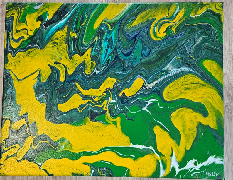 Sommerbrise Abstrakt Gelb-Grün Leinwand Acryl Fluid Art Bild 1