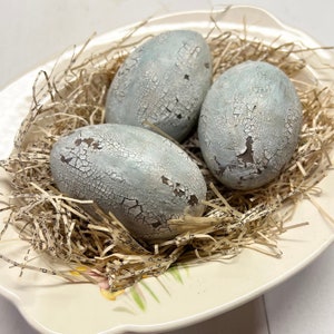 XL Chipped Paint Wooden Eggs set of 3 robin's egg blue vintage farmhouse decor cottage decor vintage Spring display image 2