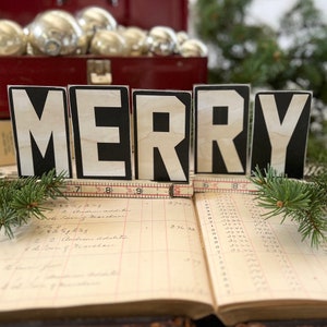 Reproduction Vintage Chipboard Office Letters 4 x 2 1/4 MERRY Black & White Christmas decor image 1