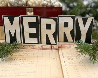 Reproduction Vintage Chipboard Office Letters - 4" x 2 1/4" - MERRY - Black & White - Christmas decor