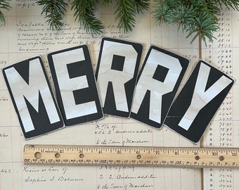 Reproduction Vintage Chipboard Office Letters - 4" x 2 1/4" - MERRY - Black & White - Christmas decor