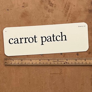 May include: A white card with rounded corners and the text "carrot patch" printed in black. The card is labeled "Primer p. 20" in the top right corner.