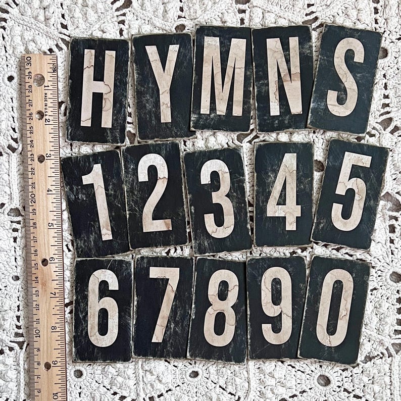 Aged Church Hymn Board Numbers - Vintage Reproduction (3" x 1 3/4") HYMNS+One Number set