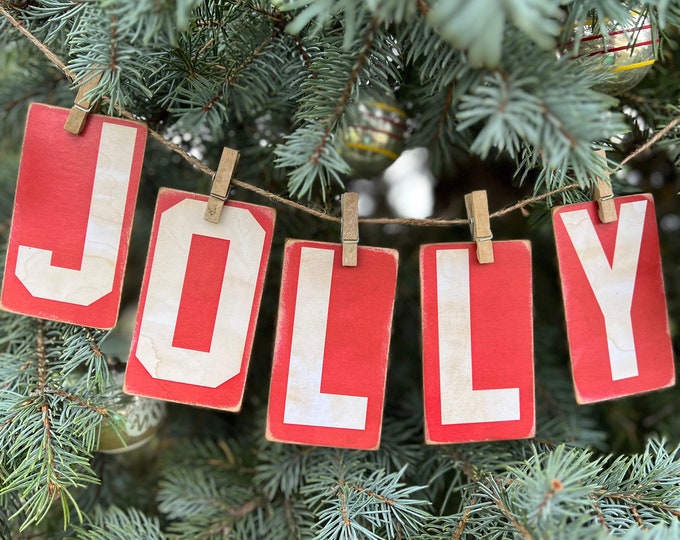Vintage Inspired Industrial Sign Letters "JOLLY" - 4" x 2 1/4" - Red & White - Christmas decor -Chip Board Reproduction