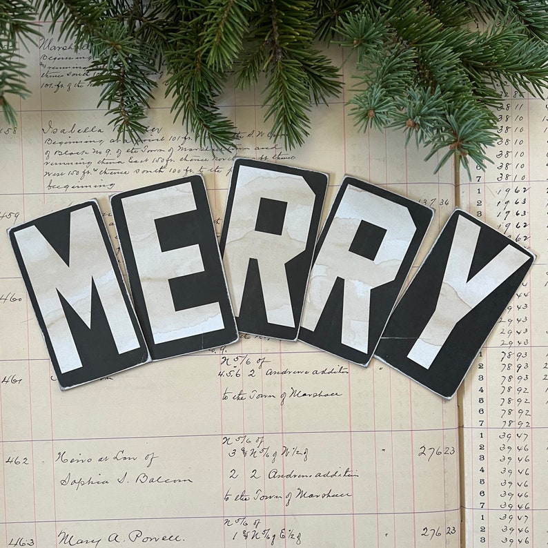 Reproduction Vintage Chipboard Office Letters 4 x 2 1/4 MERRY Black & White Christmas decor image 2