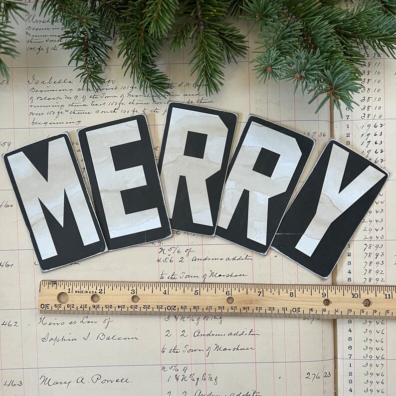 Reproduction Vintage Chipboard Office Letters 4 x 2 1/4 MERRY Black & White Christmas decor image 3