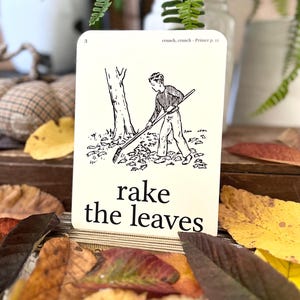 May include: A vintage-style flashcard with a black and white illustration of a person raking leaves. The words "rake the leaves" are printed in a bold, black font below the image. The card is surrounded by colorful autumn leaves.