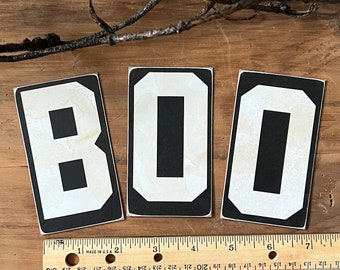 Reproduction Vintage Chipboard Office Letters - 4" x 2 1/4" - BOO - Black & White - Halloween decor - Ghostly sign