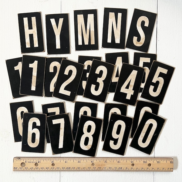Church Hymn Board 3" x 1.75"  - set of 25 - AGED vintage reproduction numbers & "HYMNS"- message board - Custom sizes and finishes