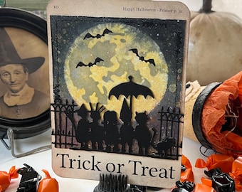 Trick or Treat art flash card - Halloween decorations - Halloween greeting card - Party invitation - Classroom decor
