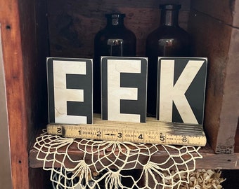 Reproduction Vintage Chipboard Office Letters - 4" x 2 1/4" - EEK - Black & White - Halloween decor - scary sign